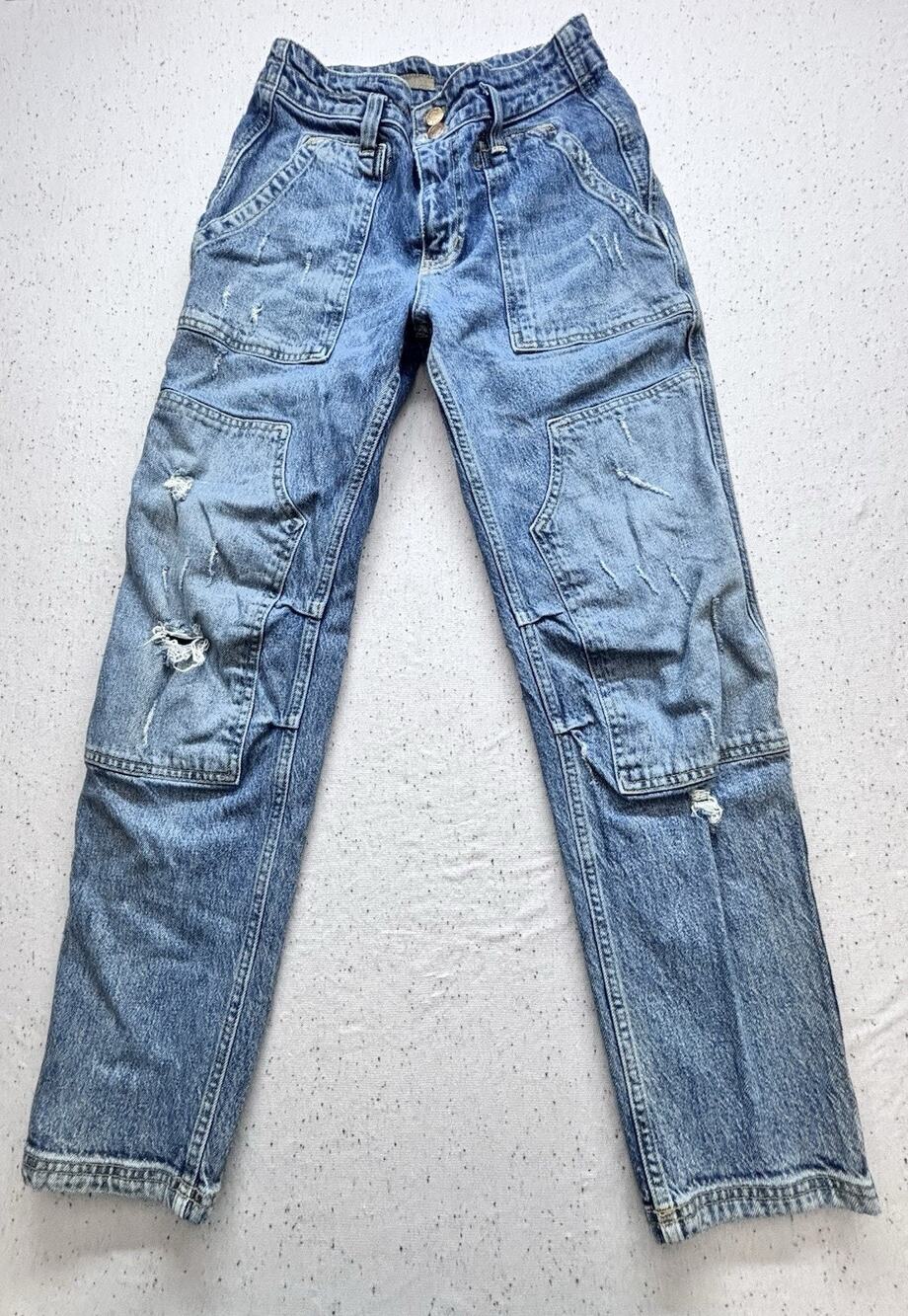 Anthropologie Pilcro The Wanderer Relaxed Utility Jeans Blue Distressed Sz 26